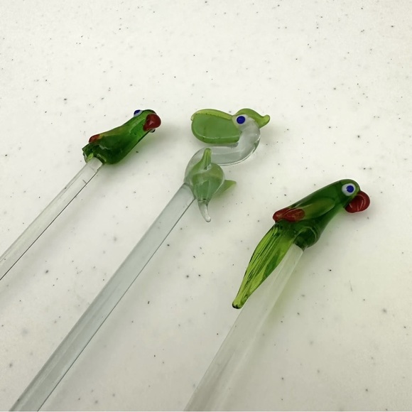 Hand Blown Glass Tropical Birds Bar Stir Swizzle Sticks Drink Stirrers Set Of 3 - Picture 5 of 10